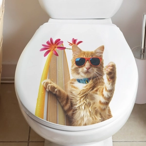 Detail of waterproof toilet sticker featuring a cool surfing cat with sunglasses