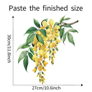 Detailed wall sticker size guide showing 30x27cm floral branch measurements in inches