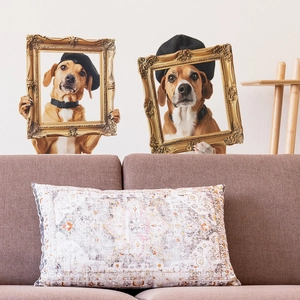 3D wall stickers featuring dogs holding vintage gold frames for creative home decoration