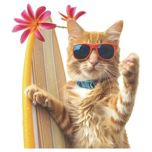 Detail of cute cat surfing sticker with sunglasses and floral surfboard wall decal
