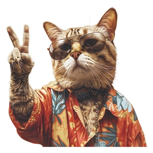 Cool summer cat wall sticker featuring a feline in sunglasses and a Hawaiian floral shirt
