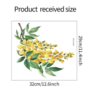 Watercolor floral wall sticker detail with yellow flowers and green leaves, size 32x29cm