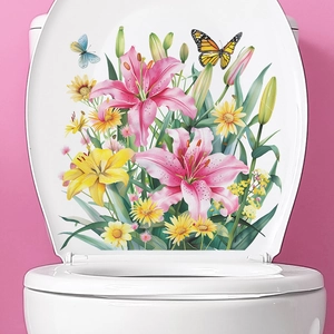 Floral toilet seat decal with pink lilies and yellow daisies for bathroom decoration