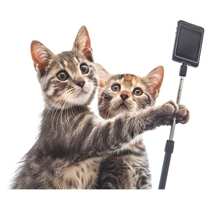 Kreatives Detail zeigt zwei getigerte Kätzchen, die ein Selfie mit einem Selfie-Stick machen