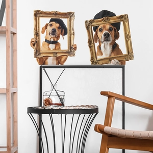 Creative puppy photo frame wall stickers with two dogs holding vintage gold frames