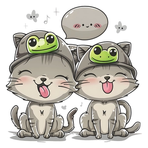 Funny cartoon cat wall stickers featuring kittens wearing green frog hats on white background