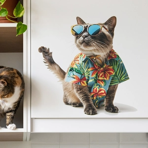 Detailed view of creative summer cat wall sticker on white cabinet for home decor