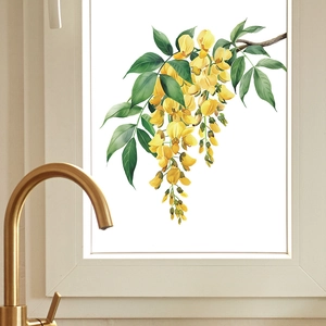 Self-adhesive floral wall sticker with yellow flowers and green leaves for home decoration