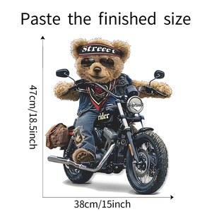 Detailed view of motorcycle riding teddy bear heat transfer sticker with size 47x38cm