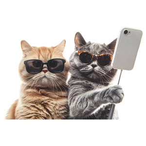 Detail von coolen Katzen, die ein Selfie mit Sonnenbrille und Selfie-Stick auf weiß machen