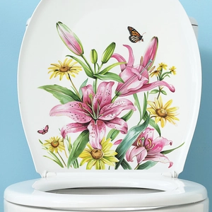 Self-adhesive floral toilet lid sticker with colorful butterflies and pink lilies for decor