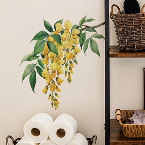 Realistic yellow floral and green leaf wall stickers for home living room decor