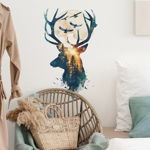 Artistic forest deer silhouette wall sticker with sun and birds for home decor