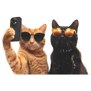 Detail von lustigen Selfie-Katzen-Wandtattoos mit einer orangefarbenen und schwarzen Katze