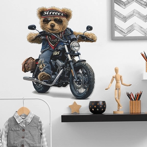 Creative motorcycle teddy bear wall sticker for kids bedroom decor on white background