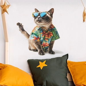 Detail of creative summer cat wall sticker with sunglasses and Hawaiian floral shirt
