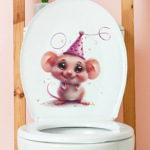Cute pink cartoon mouse wall sticker with party hat on white toilet lid decoration