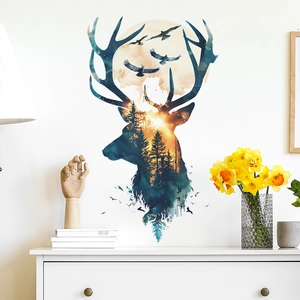 Artistic forest deer silhouette wall sticker with landscape and warm sun design for home