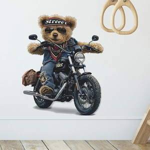 Cool teddy bear riding a black motorcycle wall sticker for kids bedroom decor