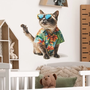 Self-adhesive wall sticker featuring a cool Siamese cat wearing sunglasses and tropical shirt