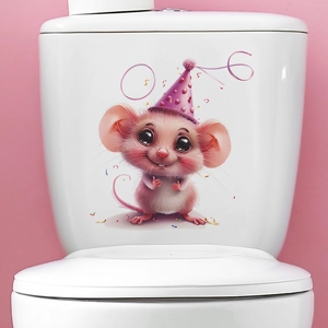 Cute Cartoon Mouse Toilet Seat Sticker With Pink Party Hat PVC Waterproof Self Adhesive Wall Decal For Kids Room Home Decor