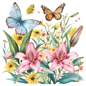 Self-adhesive floral wall stickers with pink lilies, daisies and butterflies for home decor