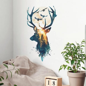 Artistic elk forest wall sticker with sunset and birds for modern home decor