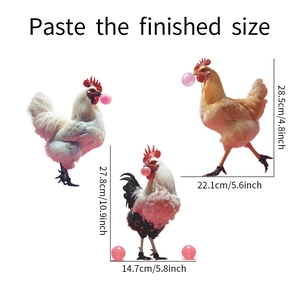 Detailed dimensions of whimsical bubble blowing chicken wall stickers for home decor