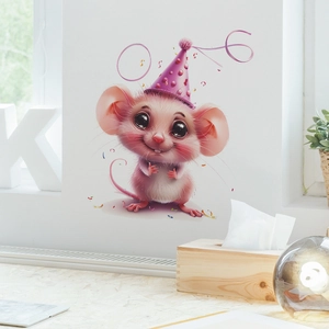Cute pink cartoon mouse wall sticker with party hat and confetti for kids room decor