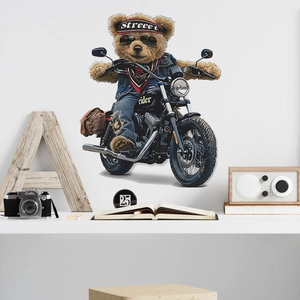 Cool Motorcycle Teddy Bear Wall Sticker PVC Self Adhesive Retro Street Style Home Decor For Kids Room Bedroom Wall Art Decal