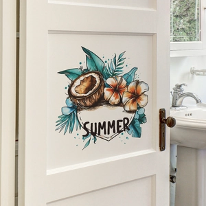 Tropical fruit and hibiscus flower summer wall sticker on white wooden door decor