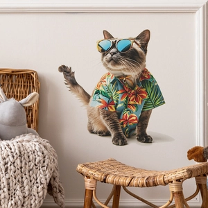 Detail of 3D funny cat wall sticker with blue sunglasses and shirt in bedroom decor