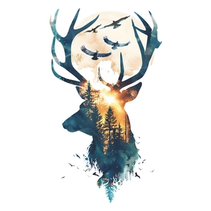Artistic forest deer wall sticker with sun and pine trees double exposure design