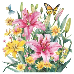 Detailed view of self-adhesive floral wall stickers with pink lilies and colorful butterflies