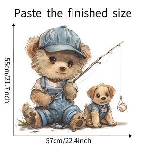 Cartoon bear and puppy wall sticker with fishing motif measuring 55cm by 57cm