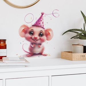 Close-up of a pink cartoon mouse wall sticker with a party hat in a cozy nursery room decor