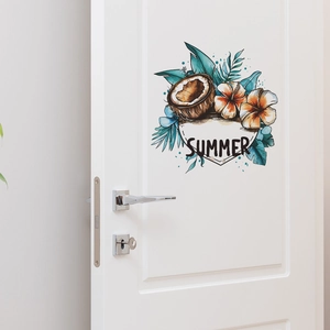Detailed close-up of tropical summer wall stickers with coconut and hibiscus on a white door