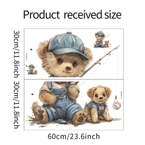 Detailed dimension sheet of cartoon bear fishing wall decals with metric and inch measurements