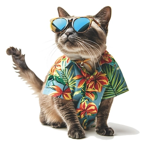 Close-up of cat wearing a blue Hawaiian shirt and stylish blue mirror sunglasses