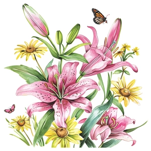 Detail of floral wall sticker featuring pink lilies, yellow daisies and monarch butterflies