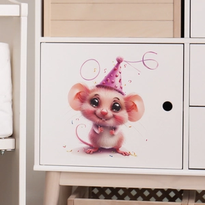 Cute cartoon pink mouse wall sticker with party hat on white cabinet door decor