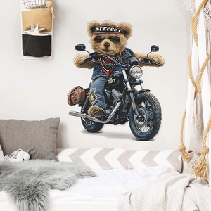 Cartoon teddy bear riding a vintage motorcycle wall decal for modern kids room decoration