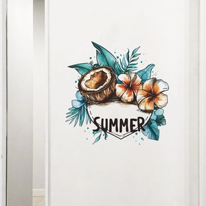 Detail of tropical fruit wall sticker with coconut, flowers, and summer text design