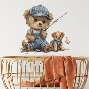 Cartoon teddy bear fishing a baseball wall sticker above a woven baby crib in nursery