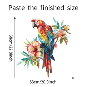 Detail showing colorful macaw parrot and flower wall sticker with size specifications
