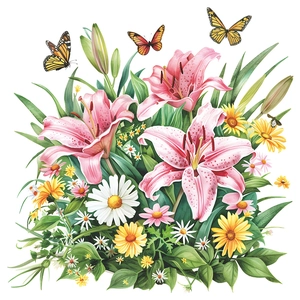 Detailed view of floral wall sticker with pink lilies, daisies, and orange butterflies