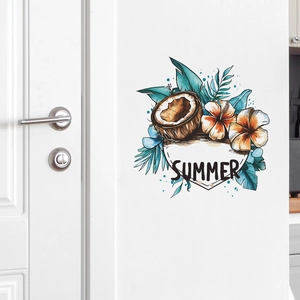 Tropical summer wall decal featuring coconut, hibiscus flowers and green palm leaves