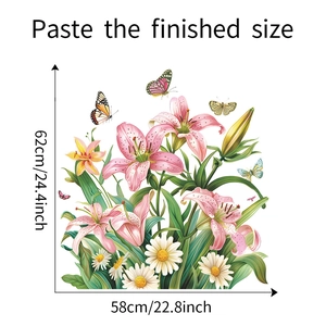 Detail showing dimensions of pink floral and butterfly wall decals measuring 62x58 cm