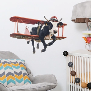 Adesivo da Parete Mucca Pilota Creativo Aeroplano Cartone Animato Murale per Cameretta Bambini Casa Camera da Letto Decorazione