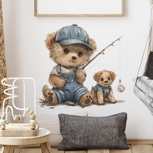 Cartoon teddy bear with fishing rod and baseball wall decals for kid's nursery decor